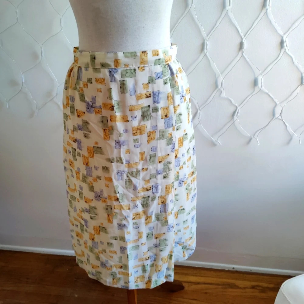 Vintage Yellow Midi Skirt • Geometric Print • Size Small